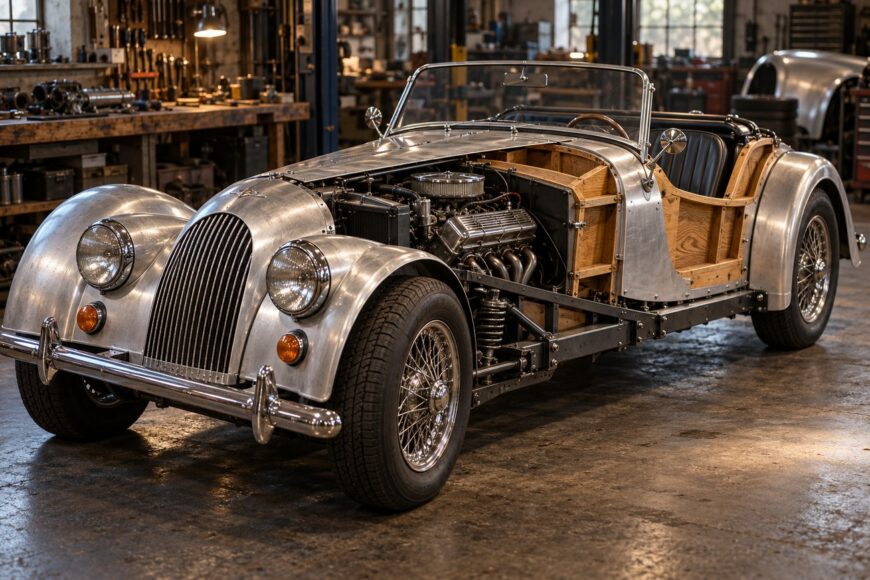 Classic Morgan Plus 8 roadster with visible wooden ash frame and V8 engine standing in a workshop