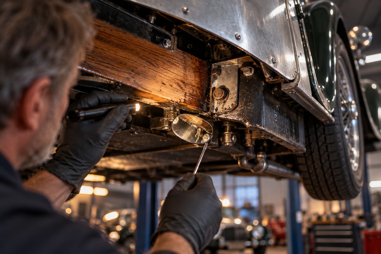 Mechanic wearing black gloves inspects the wooden ash frame of a classic Morgan Plus 8 car with a flashlight