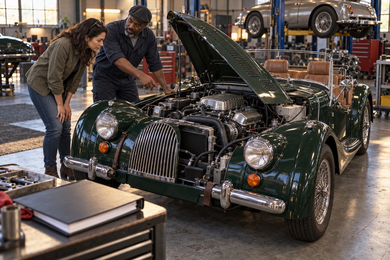 A mechanic showing the V8 engine under the open hood of a classic green Morgan Plus 8 to a woman in a workshop