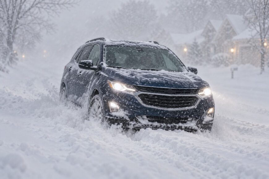 A dark blue Chevy Equinox SUV navigating through deep snow on a street during a heavy blizzard