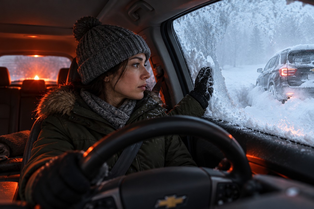 A woman wearing a winter hat and jacket sitting inside a Chevy Equinox stranded during a snowy blizzard