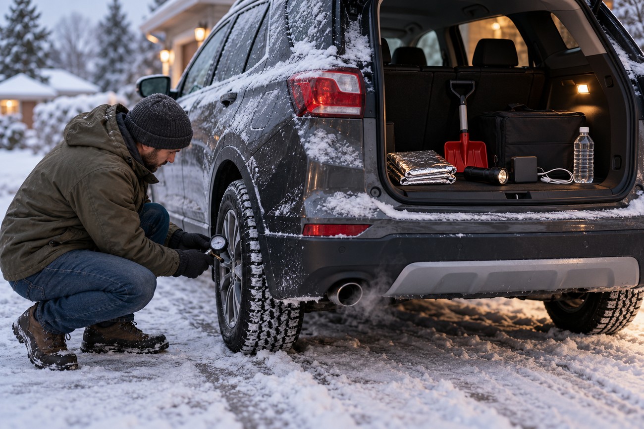 A man wearing a winter hat and jacket checks the tire pressure of his Chevy Equinox during a snowy blizzard with emergency gear in the open trunk