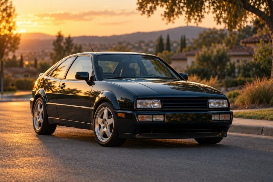 Dark green Volkswagen Corrado VR6 parked on a residential street during sunset with warm evening light reflecting on its body