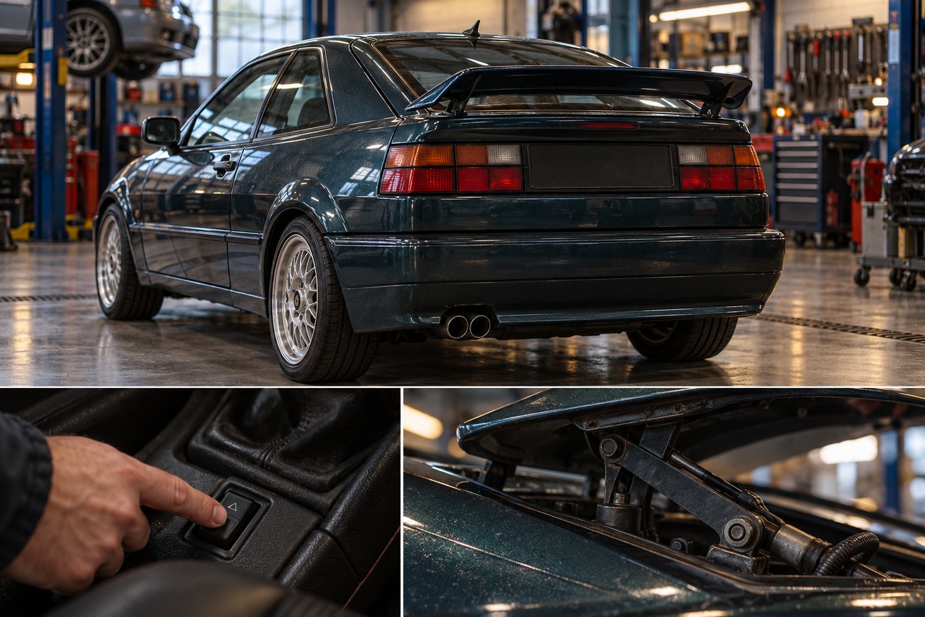 Rear view of a dark green Volkswagen Corrado VR6 in a garage with detail shots of its interior switch and active spoiler mechanism