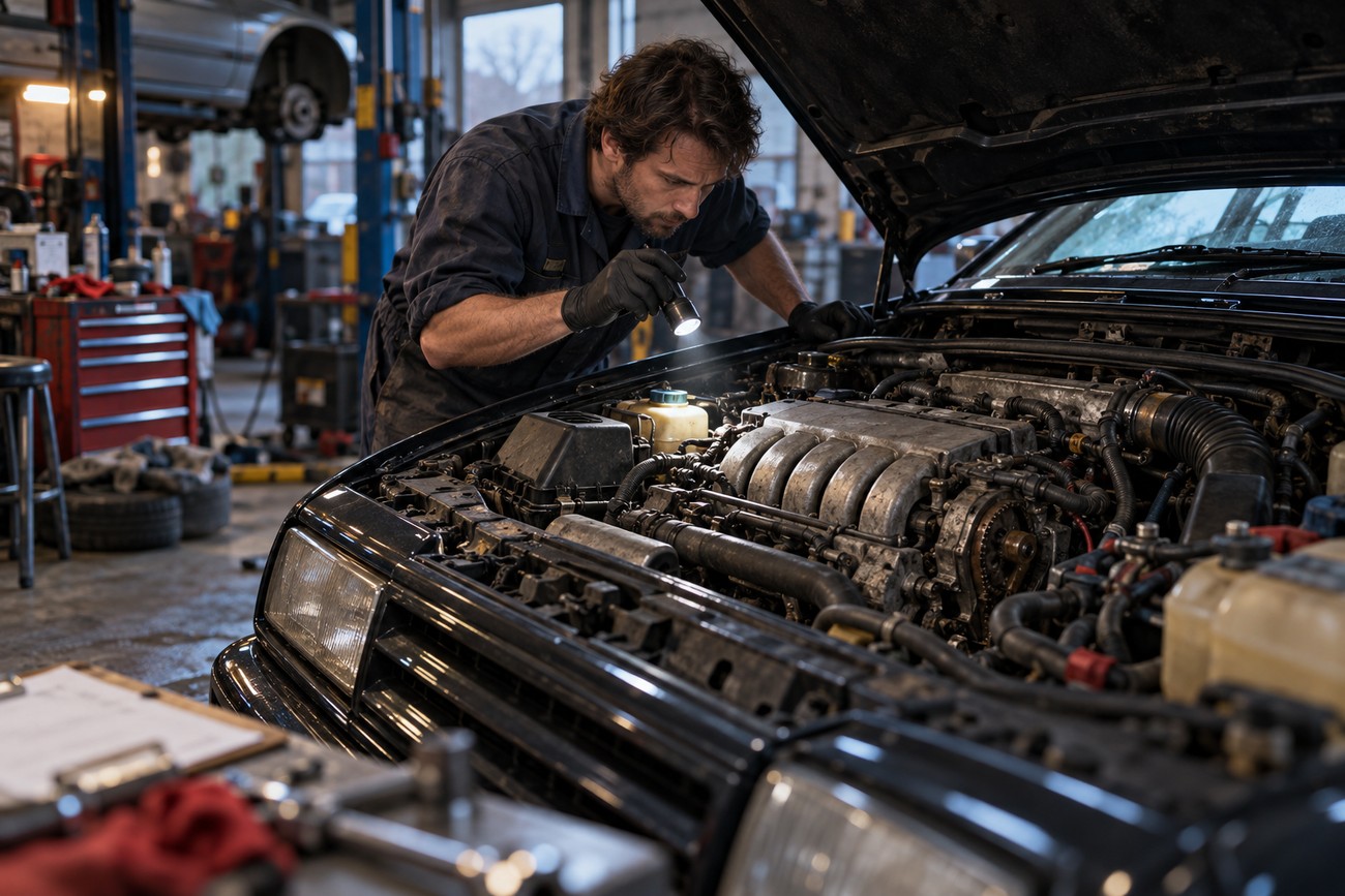 Mechanic with a flashlight inspecting the VR6 engine bay of a Volkswagen Corrado coupe in a workshop