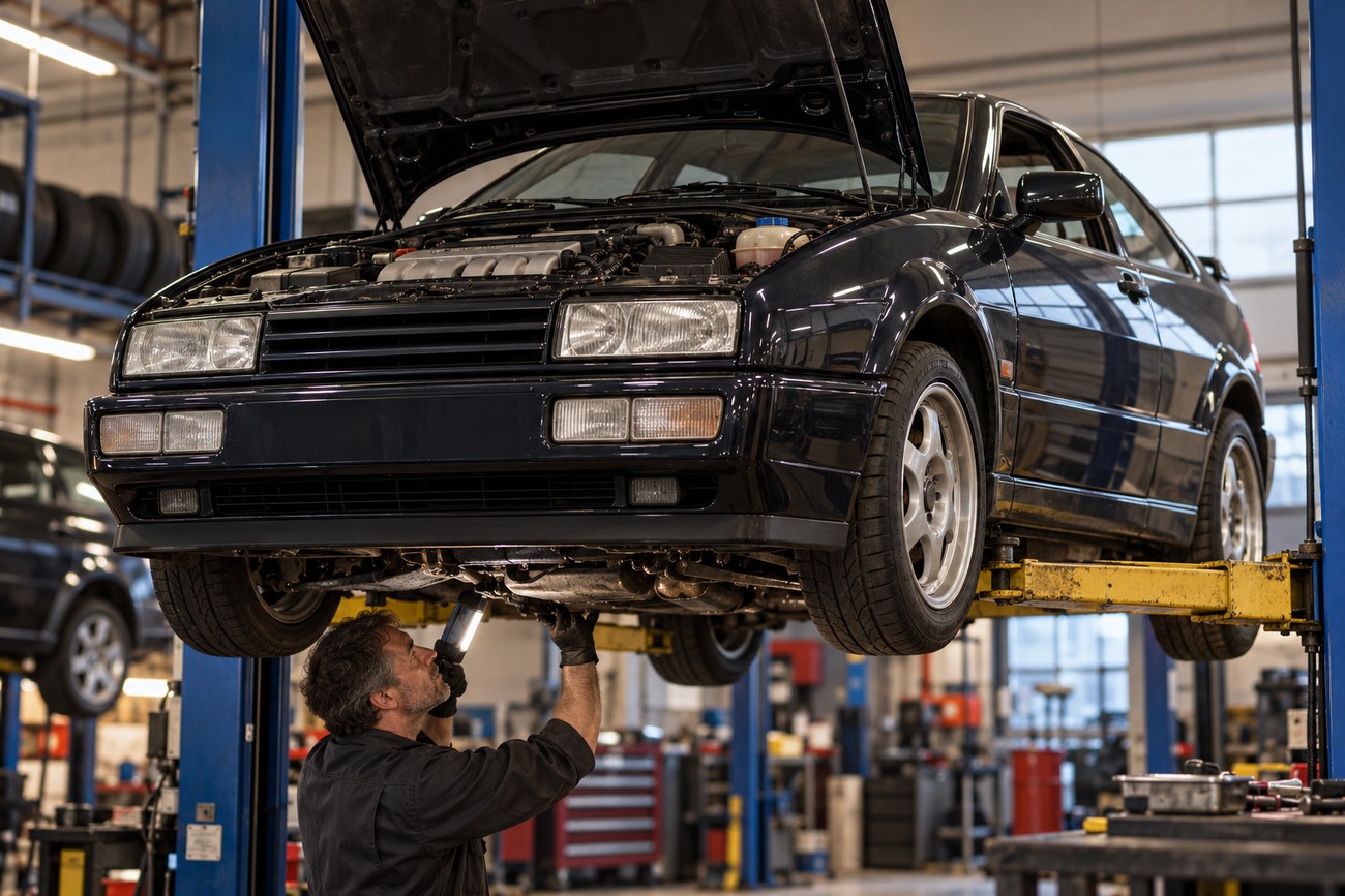 A mechanic inspecting the underbody of a dark Volkswagen Corrado VR6 lifted on a hydraulic hoist in a workshop