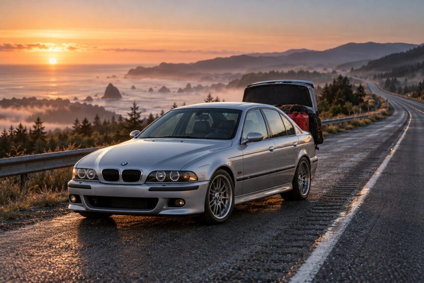 Silver BMW M5 sedan parked on a coastal highway shoulder at sunset with an open trunk showing fuel containers