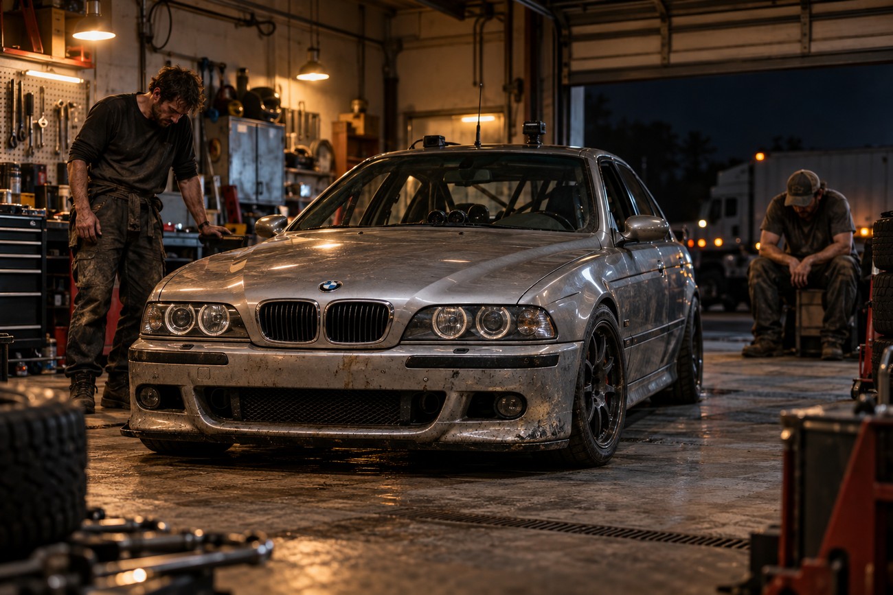 Silver BMW M5 covered in road grime parked inside a dimly lit garage with two mechanics resting nearby
