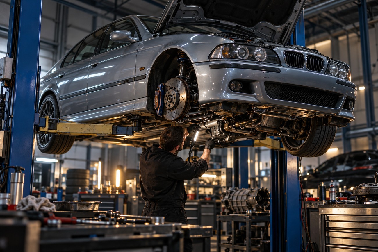 Mechanic working underneath a silver BMW M5 raised on a hydraulic lift in an auto repair shop