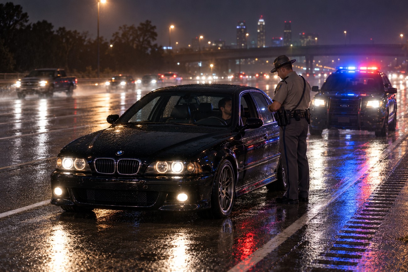 A state trooper talking to the driver of a black BMW M5 pulled over on a wet highway at night with police lights flashing