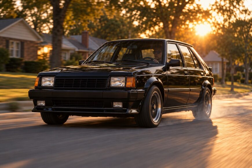 A black Dodge Omni GLH drives along a residential street during golden hour sunset