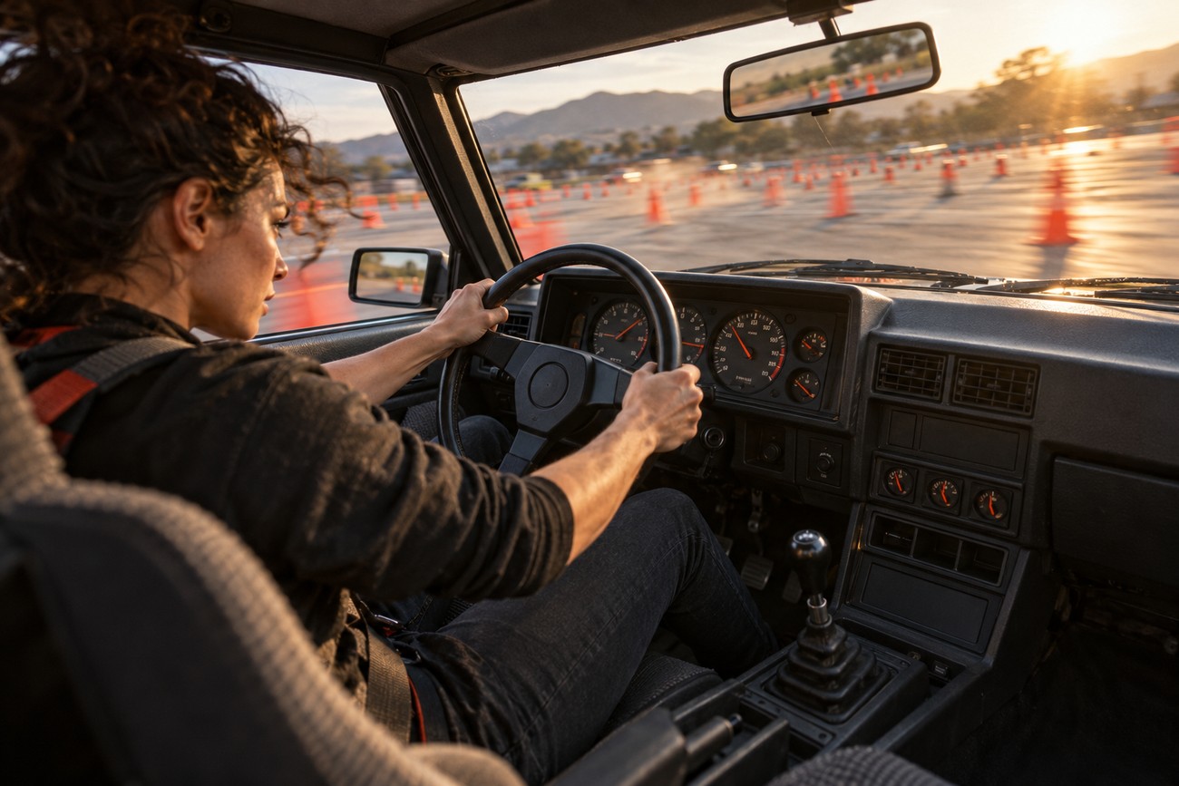 Woman actively steering a classic Dodge Omni GLH hot hatch through an autocross course marked with orange cones at sunset