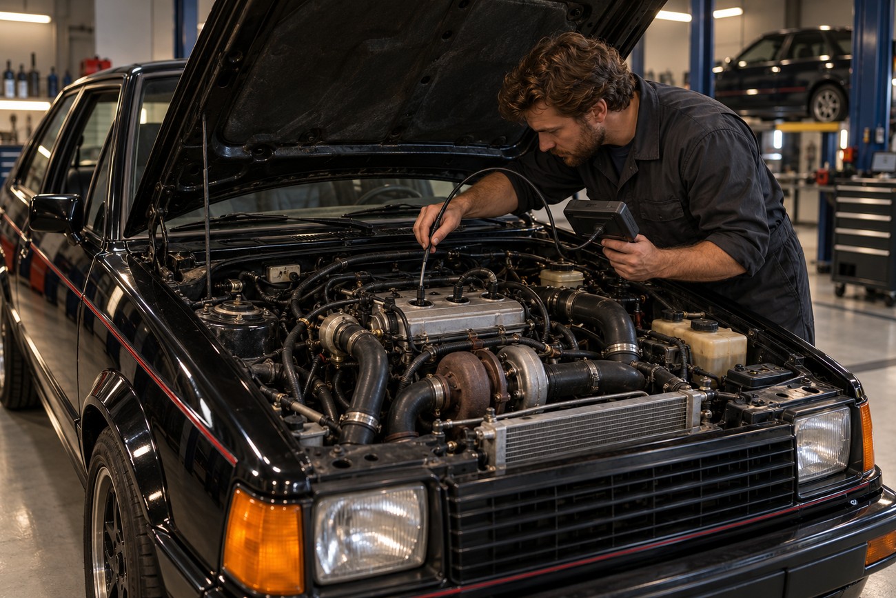 A mechanic in a garage inspecting the turbocharged engine bay of a classic black Dodge Omni GLH