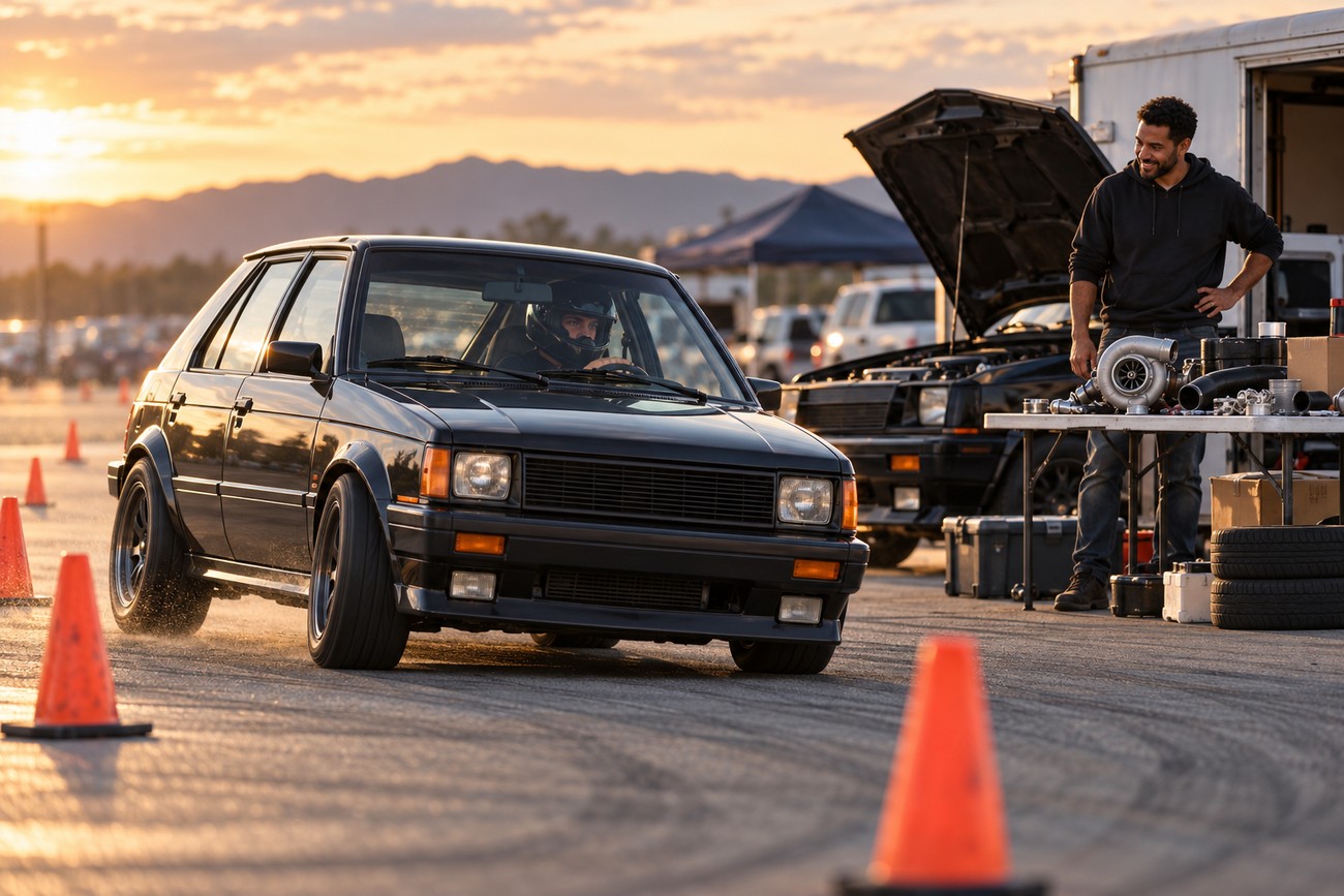 A black Dodge Omni GLH drifting around orange cones on a track at sunset with a mechanic standing nearby