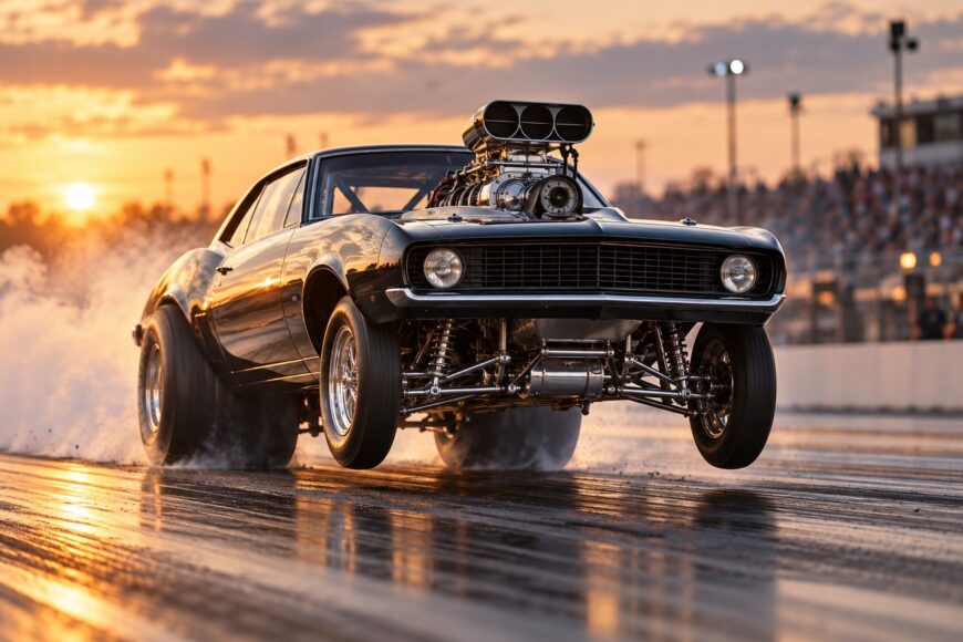 A black muscle drag car launching hard at the drag strip with front wheels lifting off the track surface