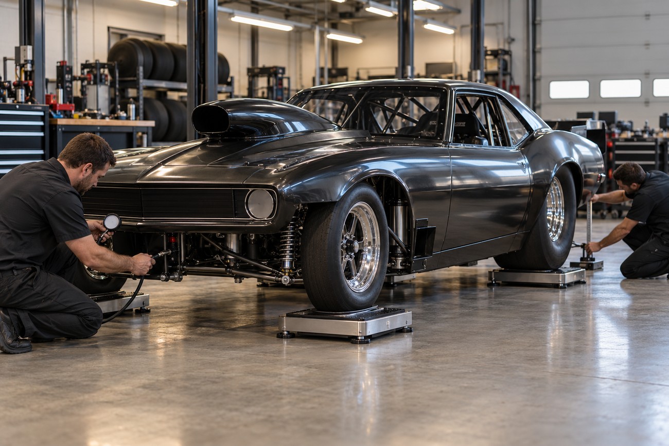 Two mechanics tuning the suspension and ride height of a black drag racing car on scale pads in a professional workshop