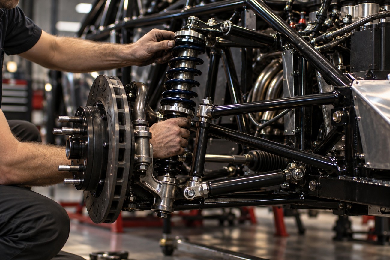 A mechanic adjusting the coilover shock absorber and tubular suspension system of a drag racing car
