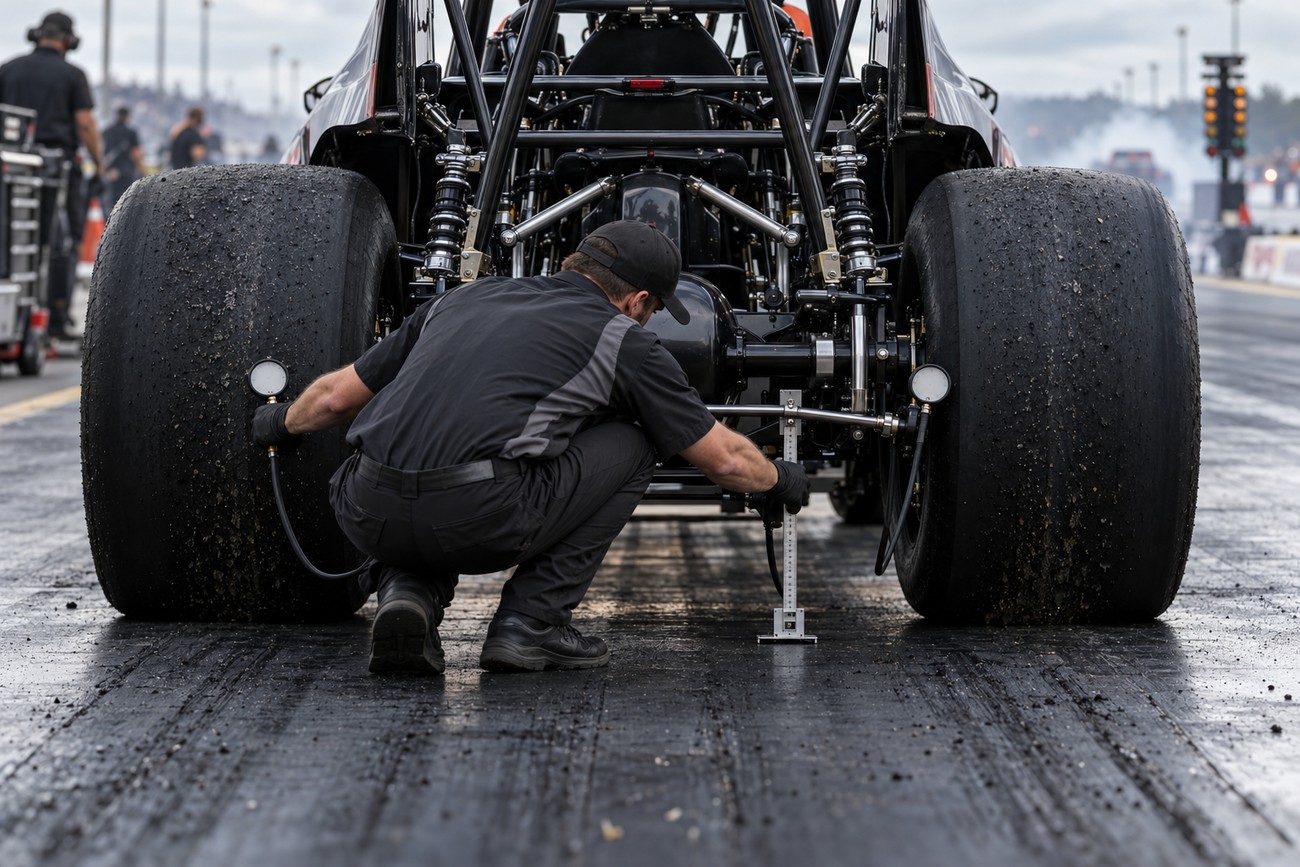 A mechanic in a black uniform adjusts the suspension and checks rear tire pressure on a drag racing car at the strip