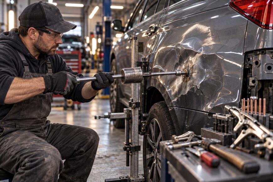 A mechanic wearing safety glasses and overalls uses a slide hammer to pull a large dent on a gray car in a repair shop