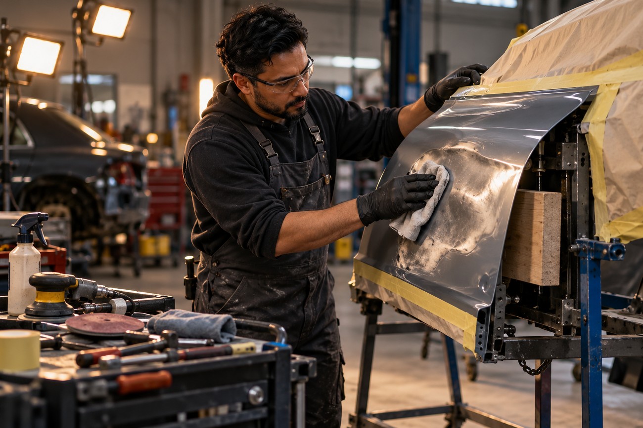 A mechanic wearing safety glasses and gloves wipes down a car panel in an auto repair shop