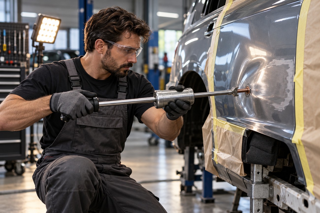 Mechanic wearing safety glasses and overalls using a slide hammer to pull a dent on a car body panel