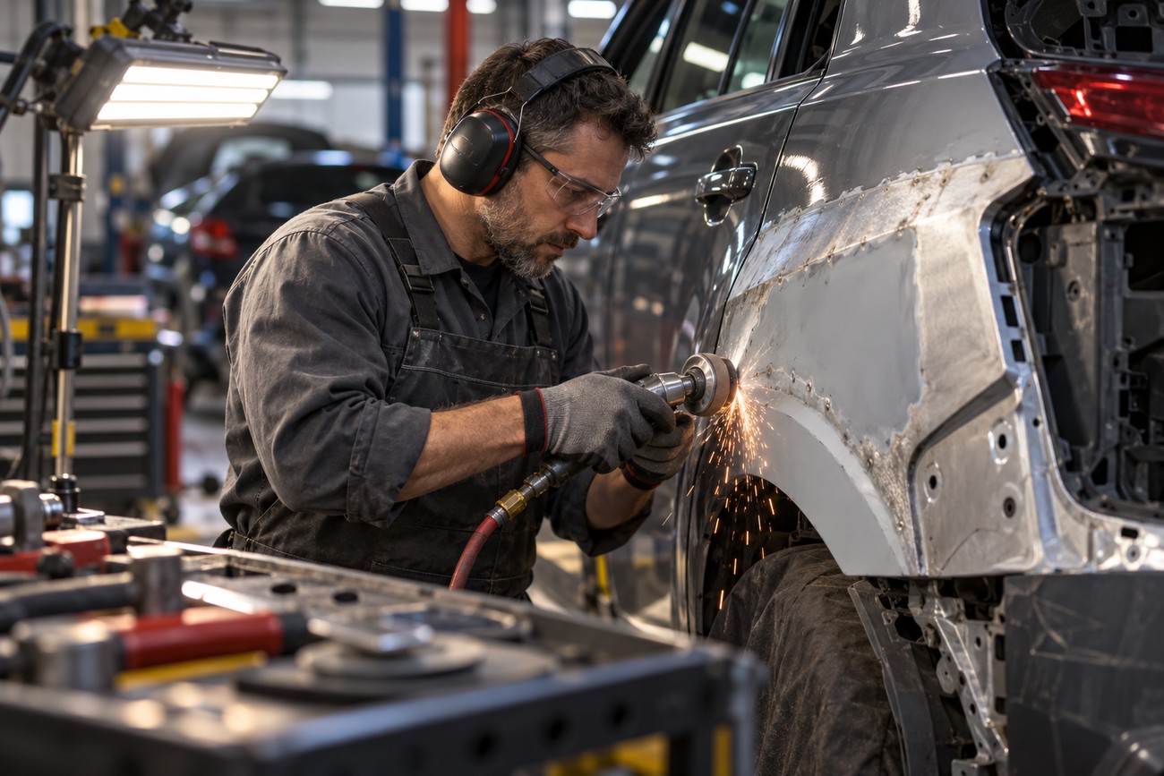 Mechanic wearing protective gear uses a pneumatic tool to grind metal on a car quarter panel in a workshop
