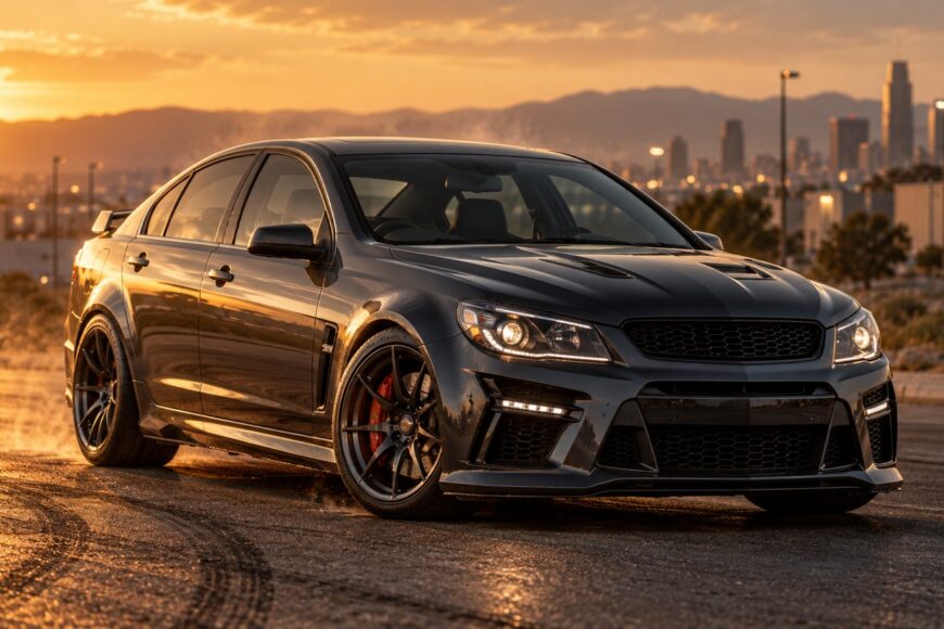 A sleek dark grey HSV GTS supercharged sedan parked on asphalt with tire marks during a vibrant sunset with a city skyline in the background