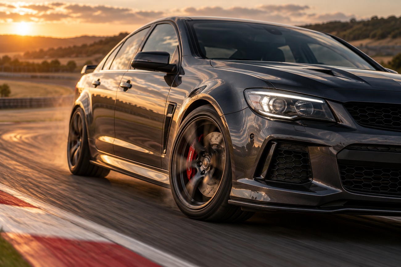Dark grey HSV GTS supercharged sedan cornering dynamically on a race track at sunset
