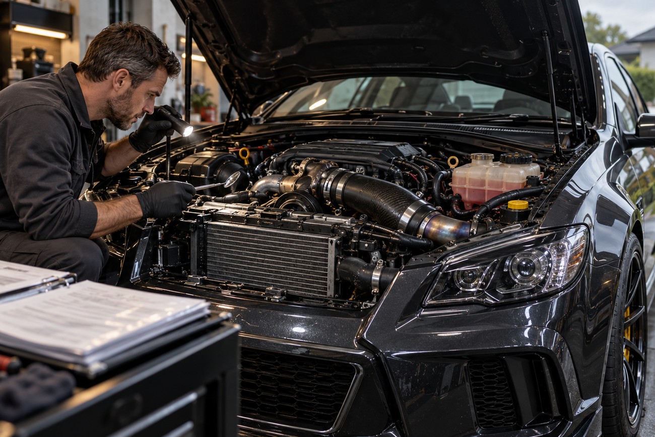 A mechanic in black gloves inspects the supercharged engine bay of a dark HSV GTS sedan with a flashlight in a garage