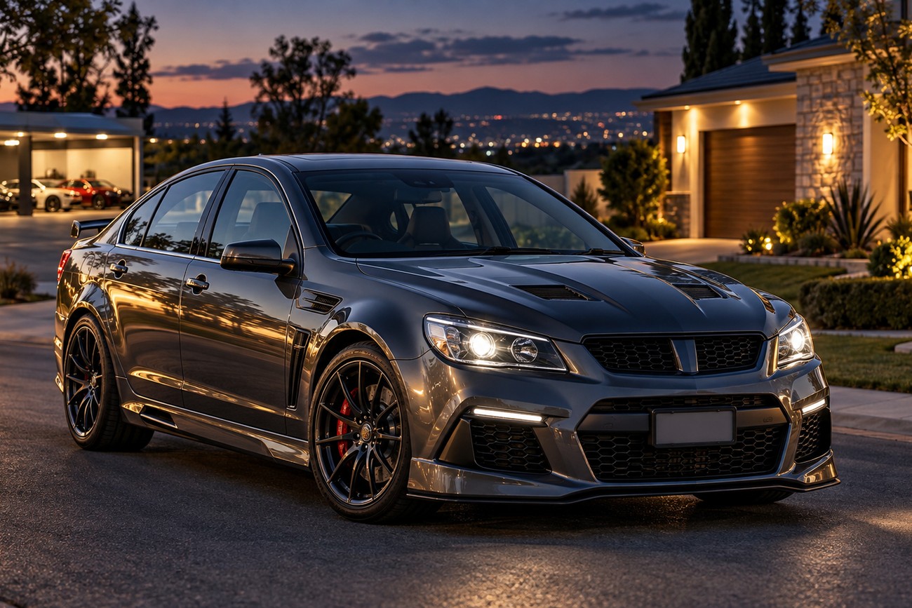 A dark grey HSV GTS supercharged sedan parked on a suburban street at dusk with headlights on