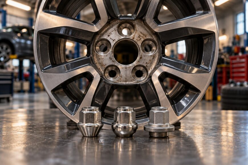 Three different metal lug nuts with distinct seat types standing in front of a large alloy wheel rim in a garage