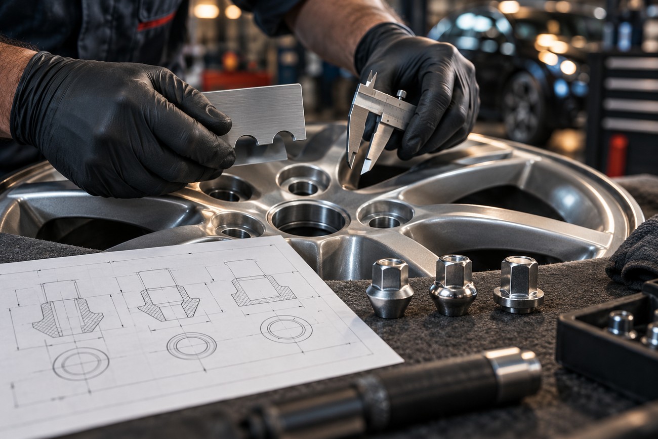 A mechanic in black gloves measures a car alloy wheel lug nut seat with a caliper and gauge next to technical blueprints and lug nuts