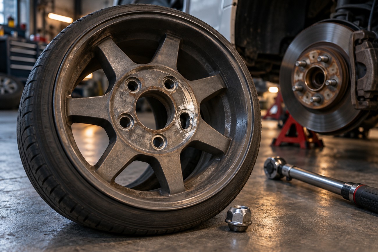 A detached car wheel showing lug nut holes with a single lug nut and a torque wrench on the workshop floor