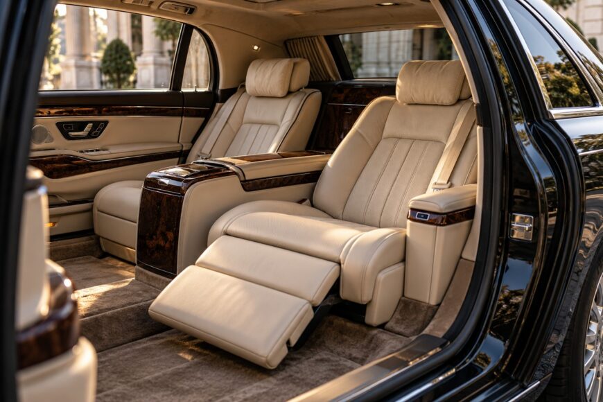 Luxurious beige leather reclining rear seat with extended footrest inside a Maybach 62 limousine