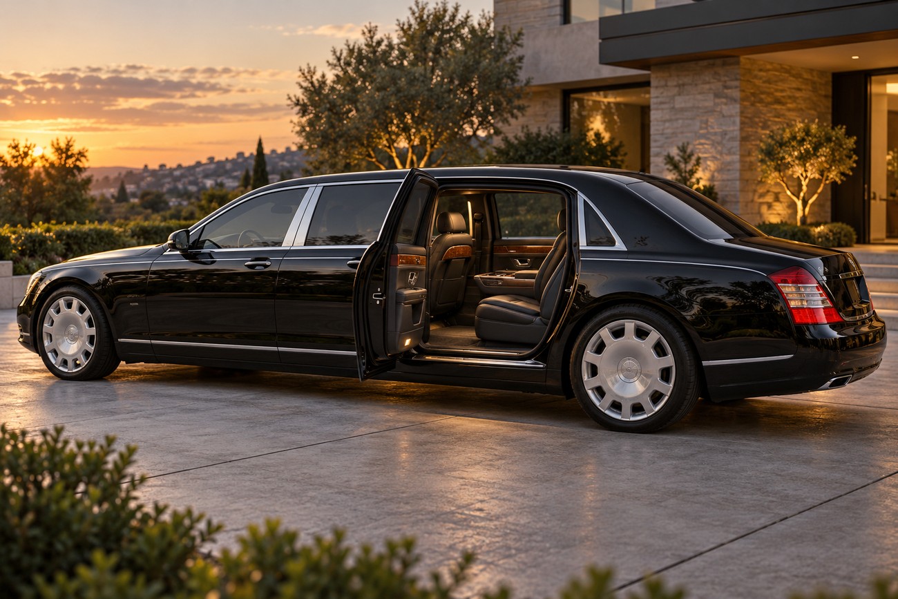 Black Maybach 62 luxury limousine parked on a driveway at sunset with open rear doors showing the interior