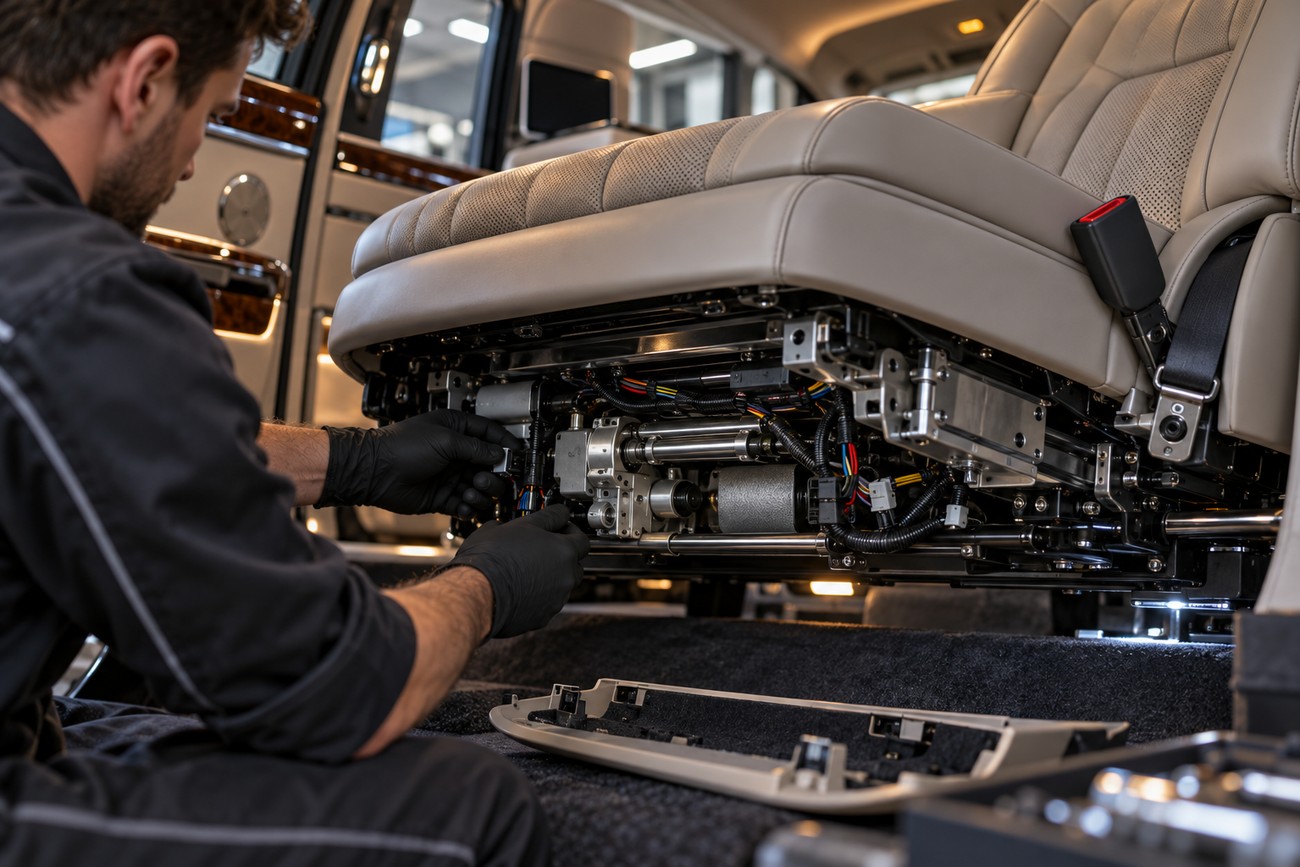 Mechanic wearing black gloves working on the complex motorized mechanism beneath a luxury Maybach 62 reclining rear seat