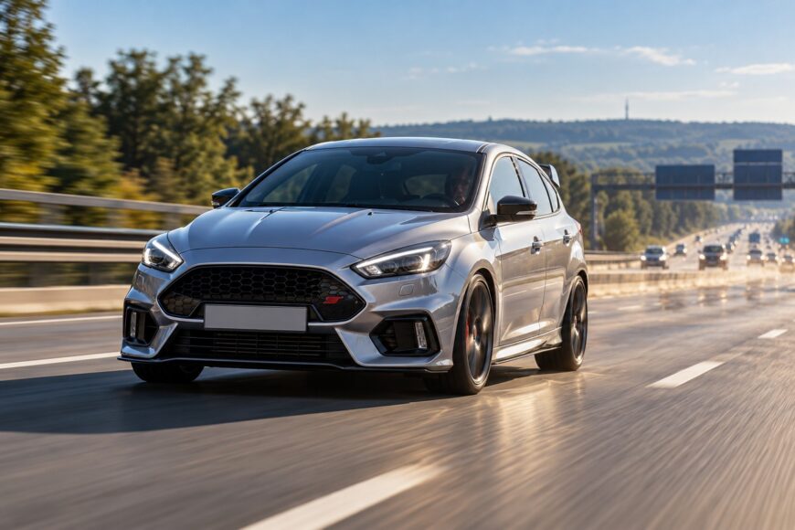 Silver Ford Focus ST driving at high speed on a multi-lane German Autobahn with motion blur