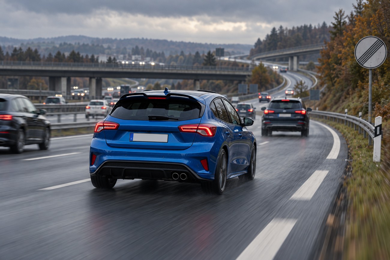 Blue Ford Focus ST driving fast on a wet German autobahn with other cars and highway overpasses in the background