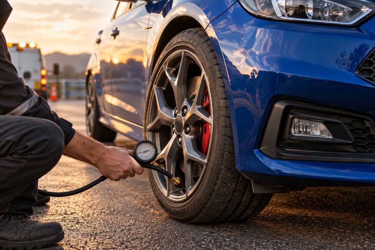 A person checking the tire pressure of a blue Ford Focus ST performance car on the roadside