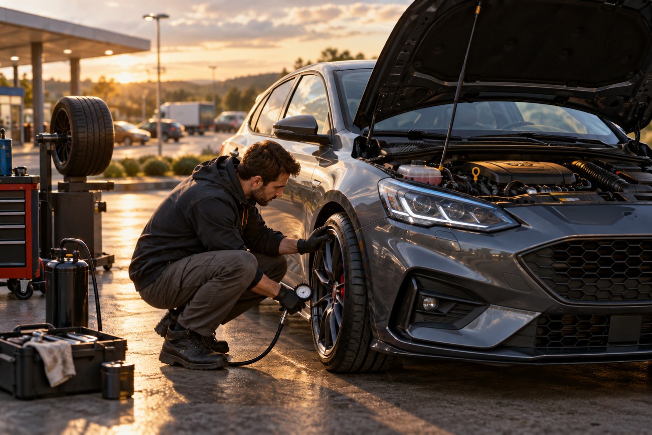 A man in a dark hoodie checks the tire pressure of a grey Ford Focus ST with the hood open at a service station