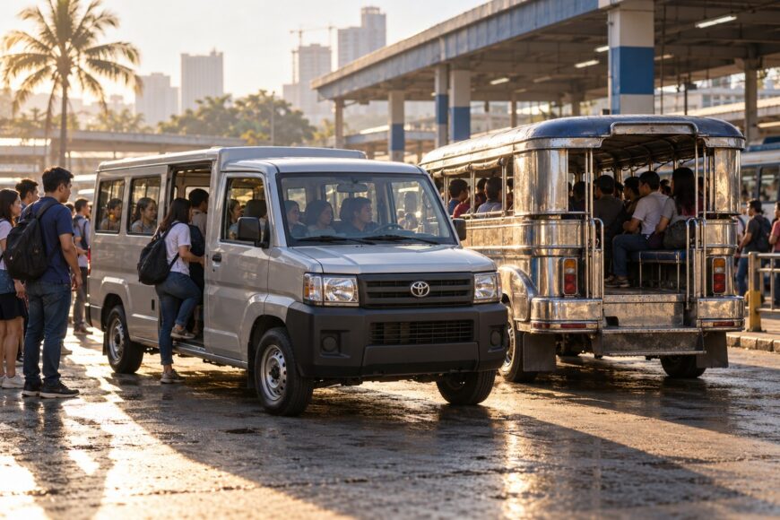 Modern silver Toyota Tamaraw passenger van parked at a busy transit terminal next to a traditional metal jeepney with commuters boarding