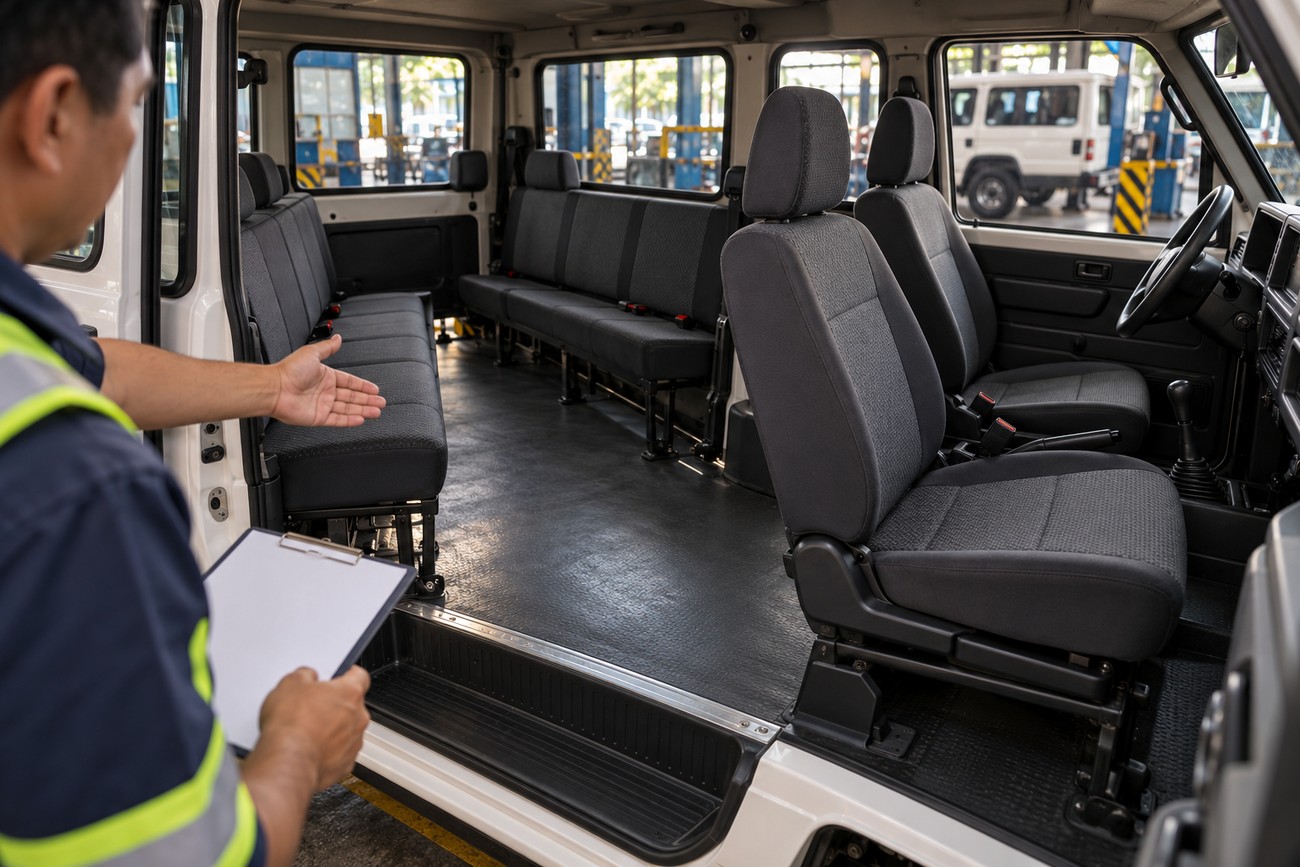 Inspector holding a clipboard reviewing the interior cabin and passenger benches of a Toyota Tamaraw utility vehicle