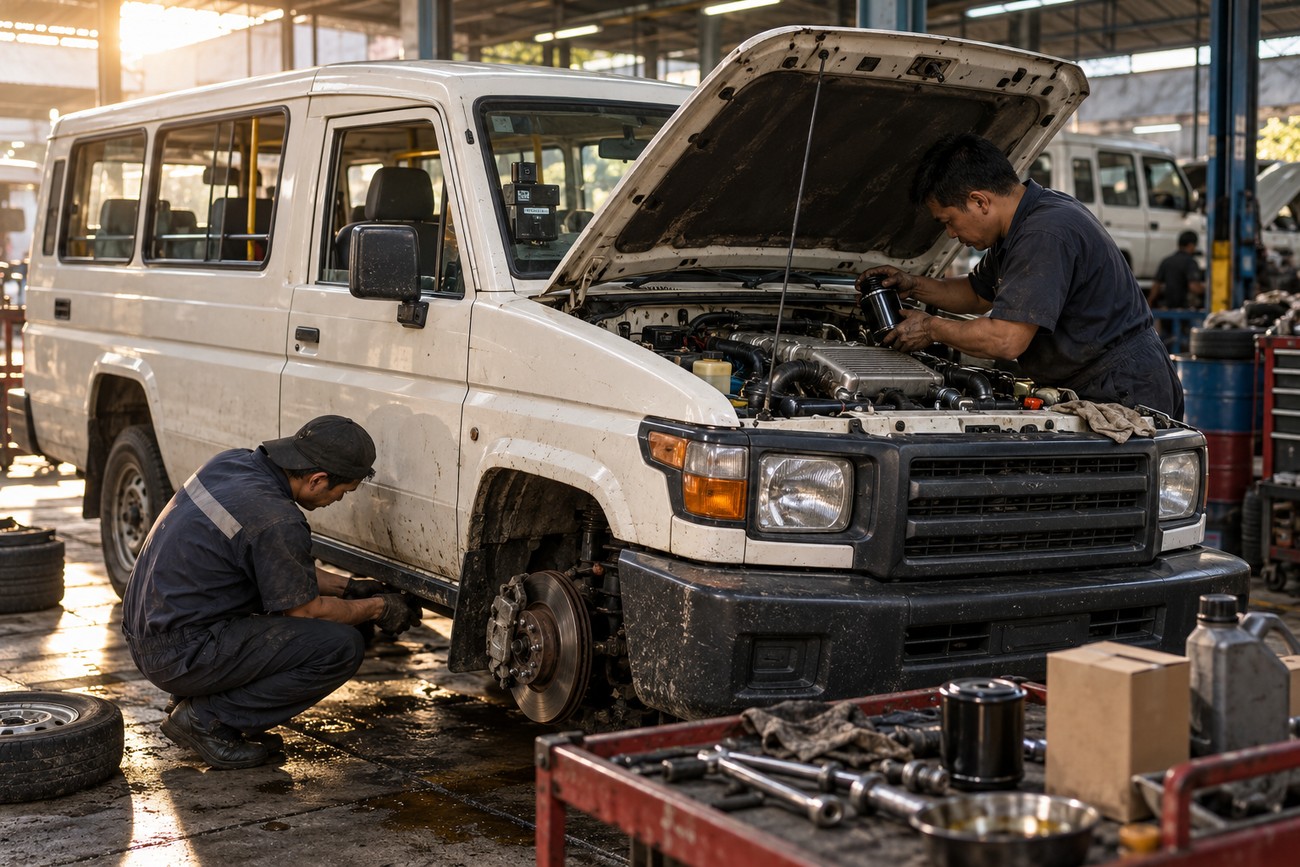 Two mechanics servicing a white Toyota Tamaraw utility vehicle with its hood open in a repair shop