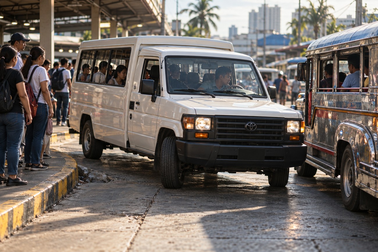 A white Toyota Tamaraw utility vehicle packed with passengers at a busy transport terminal next to a traditional jeepney