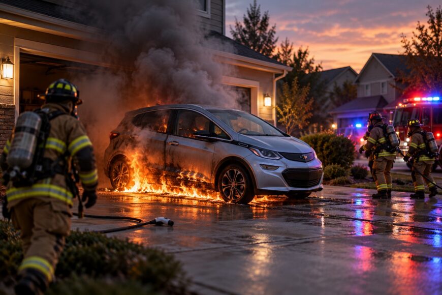 Firefighters responding to a silver Chevrolet Bolt electric vehicle on fire in a residential driveway with heavy smoke and flames