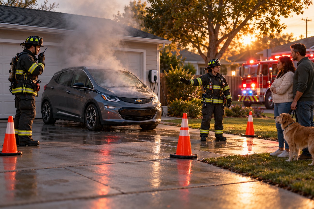 Two firefighters in full gear handling an electric vehicle fire incident involving a smoking Chevrolet Bolt parked in a driveway while concerned residents and a dog watch from the lawn