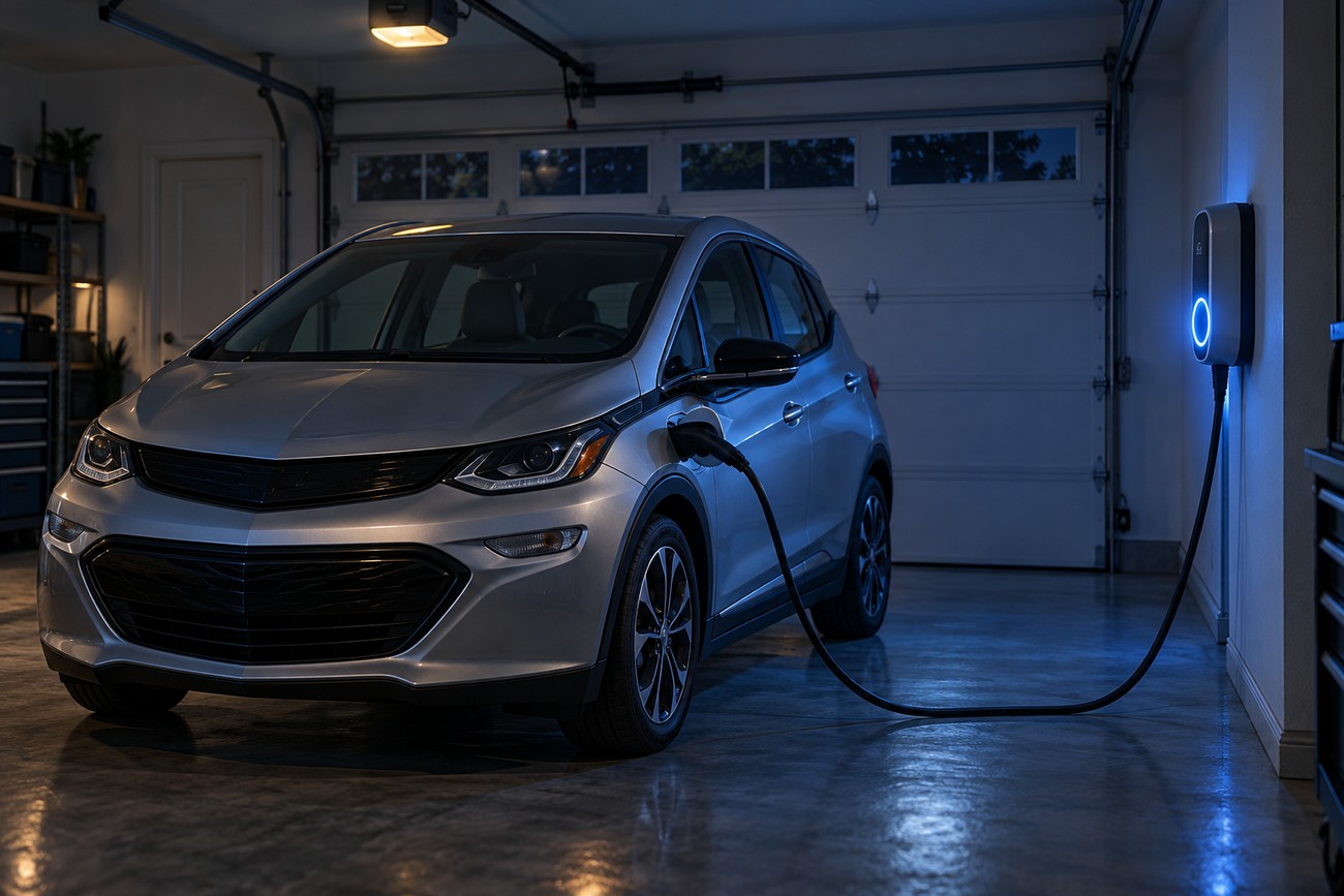 A silver Chevrolet Bolt electric car plugged into a wall-mounted charging station inside a home garage