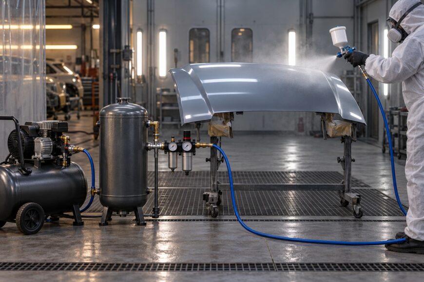 A technician wearing a protective suit uses a spray gun connected to an air compressor to paint a car hood in an automotive workshop