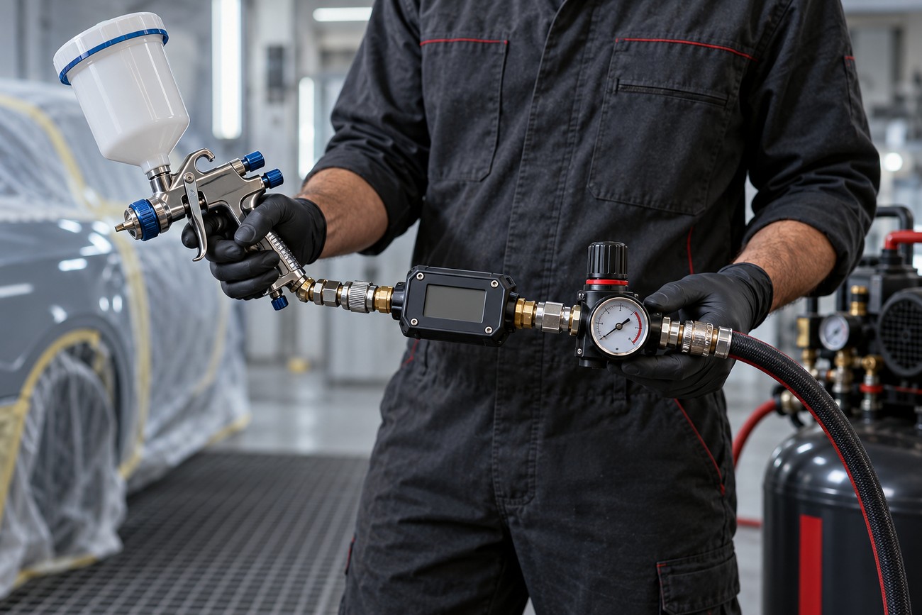 Technician in dark overalls holding a paint spray gun connected to an air compressor with a pressure gauge