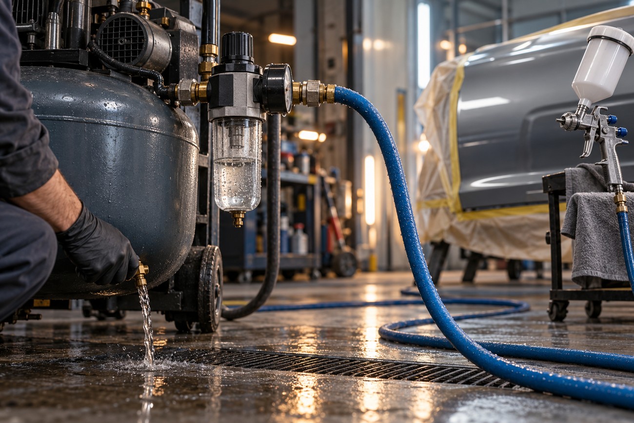 A mechanic in gloves draining water from an air compressor tank next to a blue hose and a spray gun in an auto repair shop